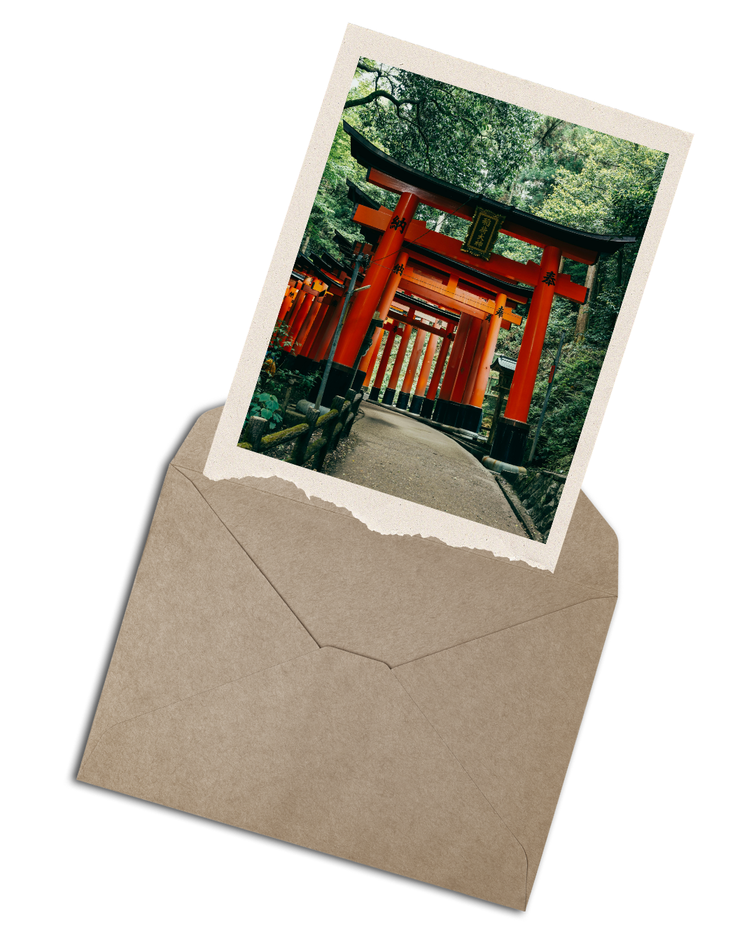 An envelope with a photo of torii gates in Japan
